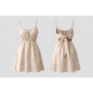 NWT, HM Floral Linen Blend Tie Back Cut Out Sun Dress‎ Tan Yellow Blue Large